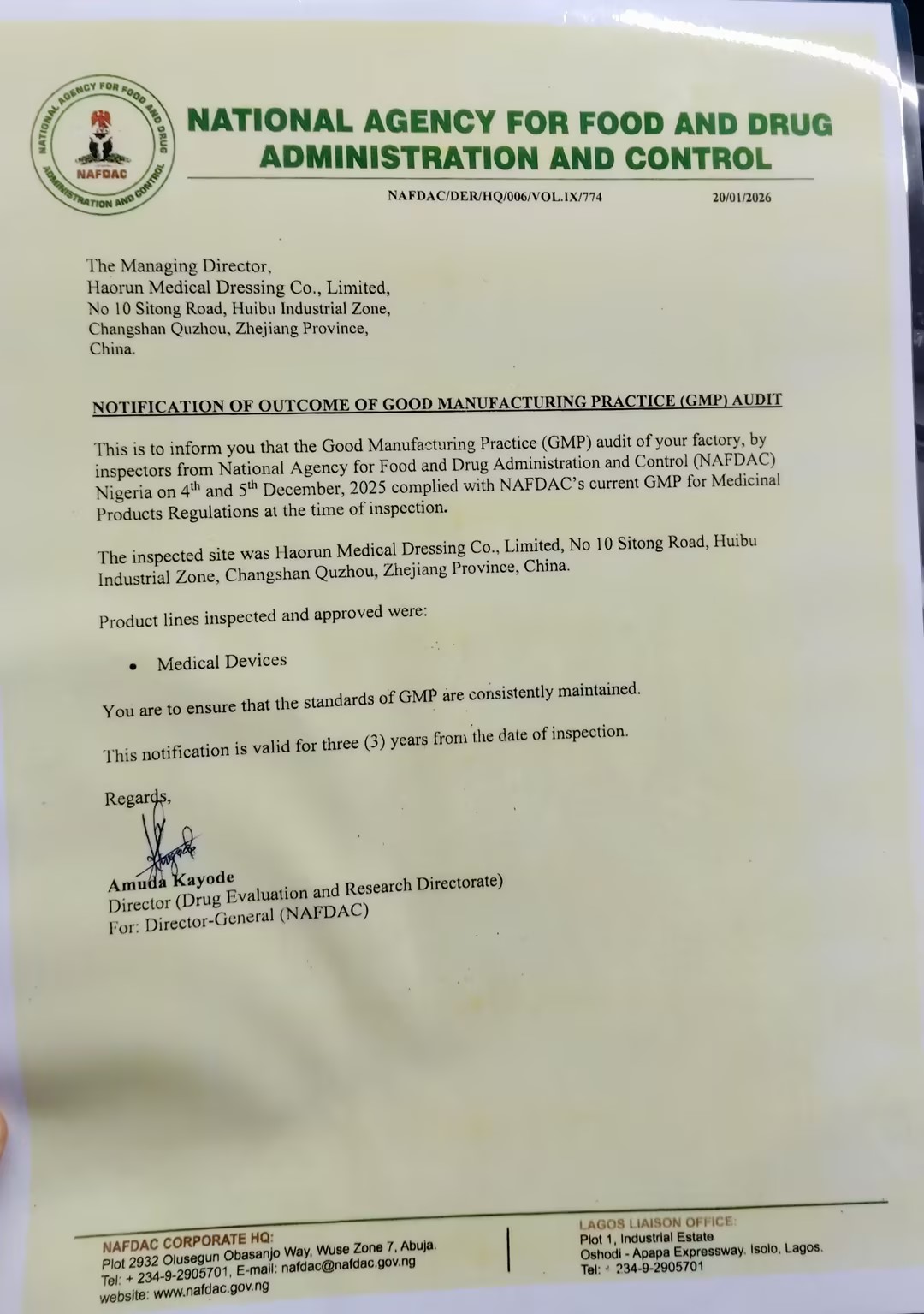 Haorun ဆေးဘက်ဆိုင်ရာထုတ်ကုန်များသည် နိုင်ဂျီးရီးယားတွင် NAFDAC မှတ်ပုံတင်ခြင်း အသိအမှတ်ပြုလက်မှတ်ကို တရားဝင်ရရှိထားသည်။